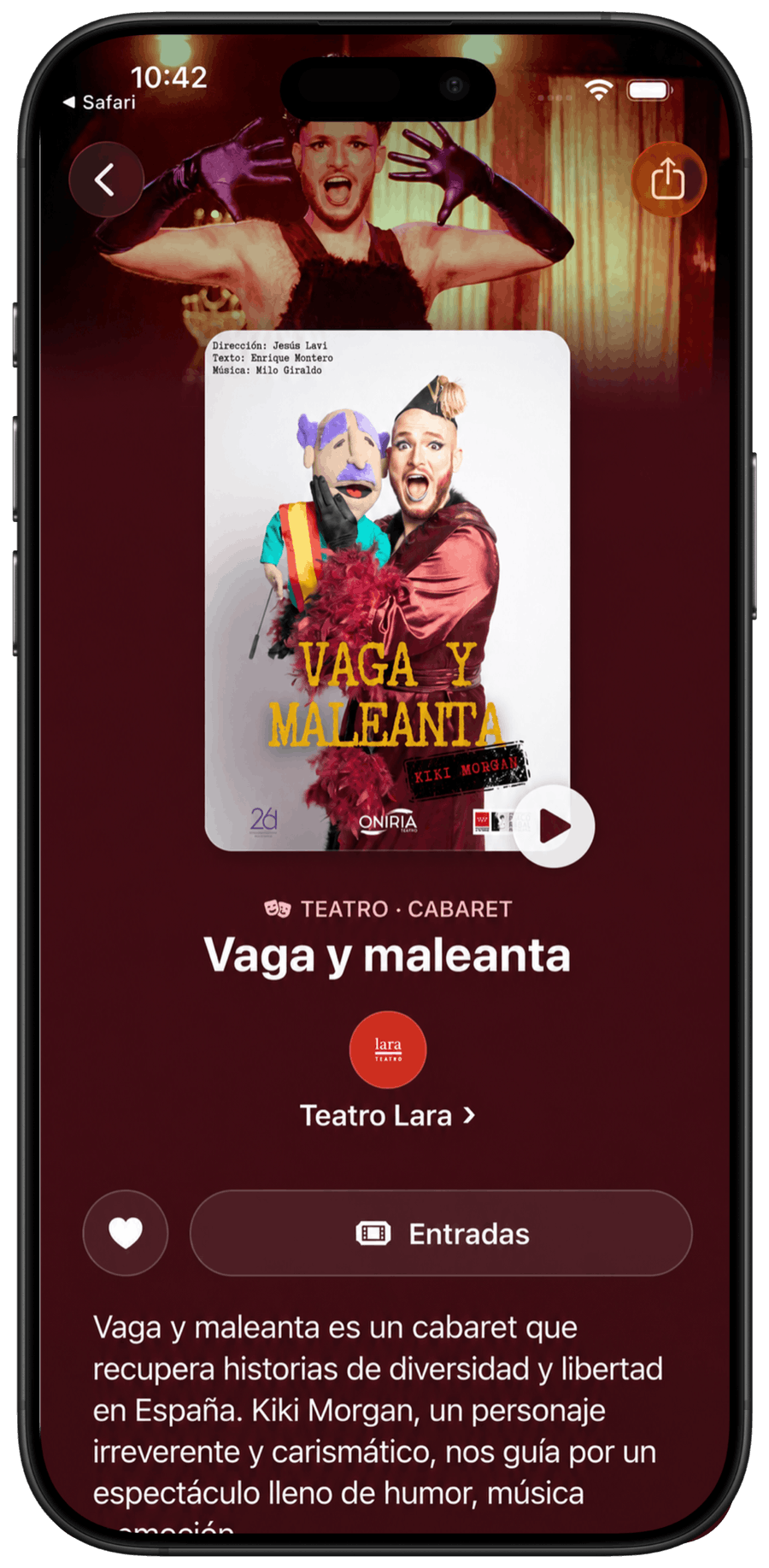 Detalle de un plan con información del Teatro Lara y botón de Entradas