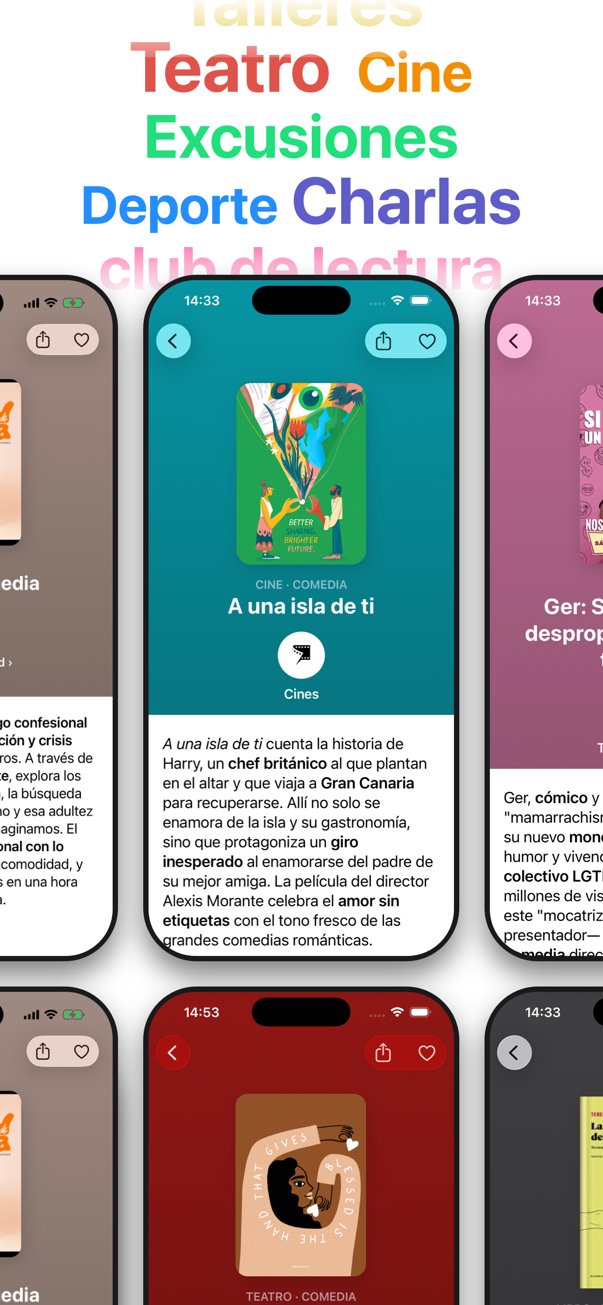 Categorías de Planes LGBT+: teatro, cine, excursiones, deporte, charlas, club de lectura